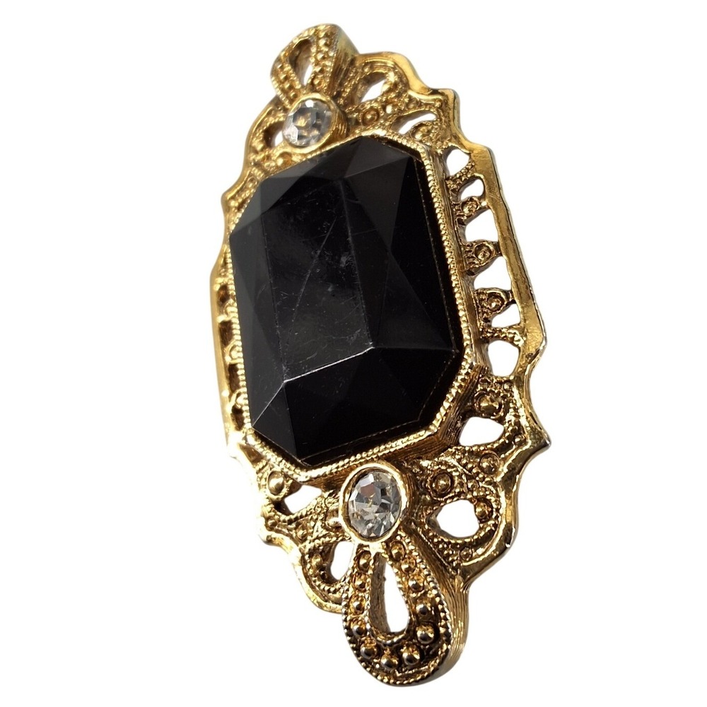 Vintage Gold Tone Black Faux Onyx Filigree Brooch Victorian Style Rhinestone Pin